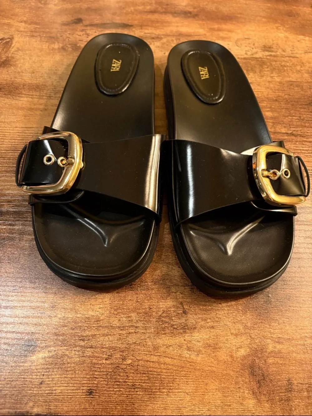 Zara Black Slide Sandals with Gold Buckles - Picture 3 of 9